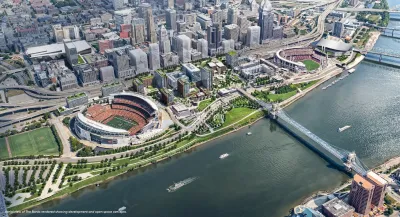 Rendering of aerial view of stadium on riverfront with high-rise buildings, parks, and roadways around it in Cincinnati, Ohio.