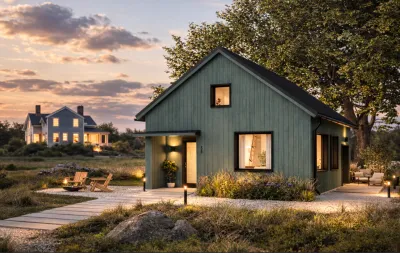 Rendering of green one-story ADU home.
