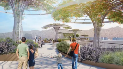 Rendering of people walking on ped bridge with umbrella-shaped landscaping elements.