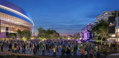 A rendering of the planned sports arena at Midway Rising. A crowd of people is pictured to the right of the arena. 