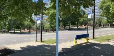 One side of the image shows a Chicago bus stop without a bench, the second image shows the bus stop with a yellow and blue bench.