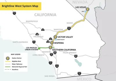 A map showing Brightline West's intended route from  Las Vegas to Rancho Cucamonga, California.