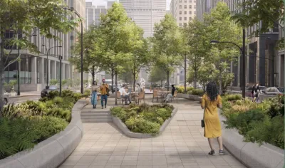 A rendering of the updated plan for Park Ave, which shows a grassy median with two sidewalks on either side, and streets on either side of the sidewalk.