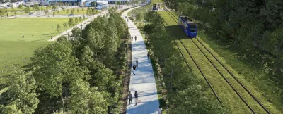 A rendering of the Beltline light rail, which goes through a forested area. People walk on a path next to it.