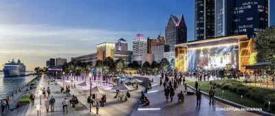 A rendering of the waterfront development, which shows a lit-up stage by the waterfront and people walking about.