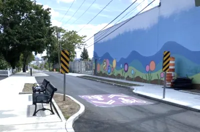 A narrow road with signs for bike lanes with a mural of flowers in the background.