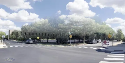 A rendering of the proposed facility. Trees are made slightly translucent so a large, rectangular cement building can be seen