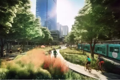 AI generated image of a greenway and transit corridor.