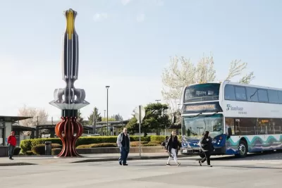 White and blue double-decker bus in Seattle, Washington.