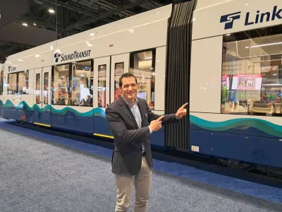 Tobias Bauer, Managing Director of Siemens Mobility North America in front of the company's Sound Transit new light rail vehicles.