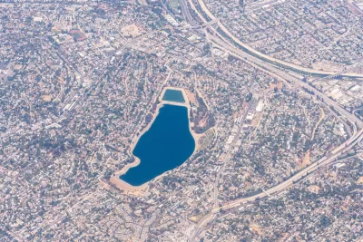 The Silver Lake Reservoir and surrounding neighborhoods in Los Angeles, as seen from high above