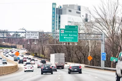 A freeway in Maryland near Washington, D.C., on the Capital Beltway with an exit sign for Wheaton.