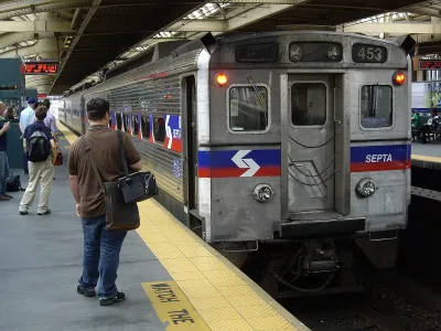 Silver SEPTA train at platform in Philadelphia, Pennsylvania.