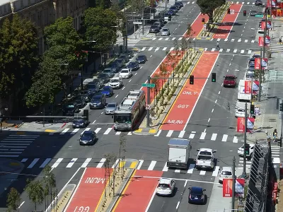 Aerial view of red painted bus-only center lanes on Van Ness Avenue, San Francisco