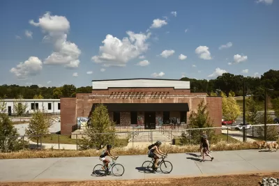 People on bikes and pedestrians using the Southside Trail at Pittsburgh Yards in Atlanta.