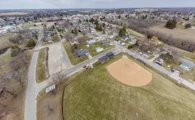 Aerial view of baseball diamond and homes in small town Spring Grove, Minnesota