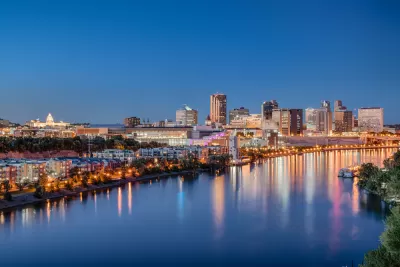 An image of St. Paul, Minnesota and the Mississippi River at nightfall.
