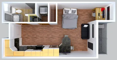 Bird's eye view of studio apartment design.