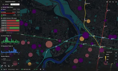 Screenshot of subway lines and travel demand nodes in Subway Builder video game.