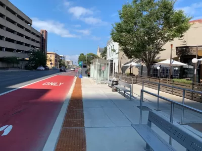 Red painted dedicated bus lane in Indianapolis, Indiana