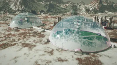 Screenshot from Surviving Mars video game of habitable domes on Mars surface.
