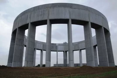 Circular concrete water tower in Helsingborg, Sweden.