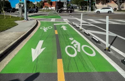 Green separated bike lane in Tampa, Florida.
