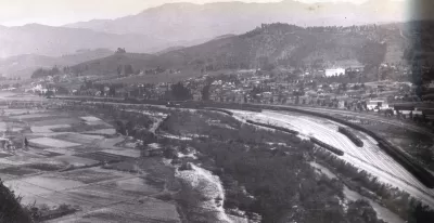 Black and white photo of Taylor Yard site in Los Angeles by the Los Angeles River in the 1890s.