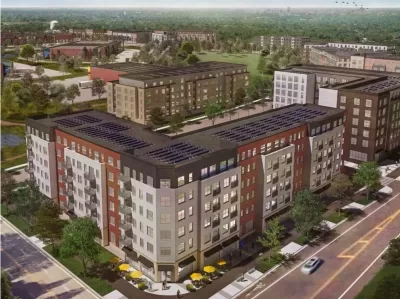 A conceptual rendering of a large development, with several buildings of about 7 or 8 stories high surrounding an open green space. 
