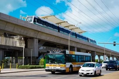 Skyline train on elevated rail in Honolulu, Hawaii.