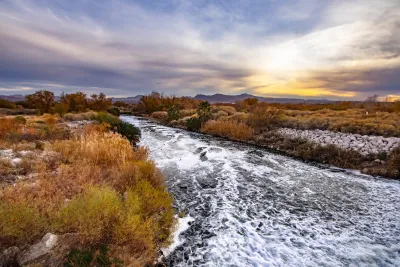 River flanked by grasses in Clark County Wetlands Preserve near Las Vegas, Nevada.