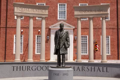 A statue of Thurgood Marshall in the lawyers mall in front of Maryland General Assembly and the Supreme Court.