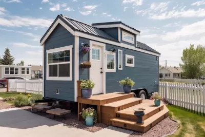 A tiny home in a residential neighborhood.
