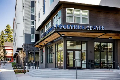 Modern black building for Together Center in Redmond, Washington.