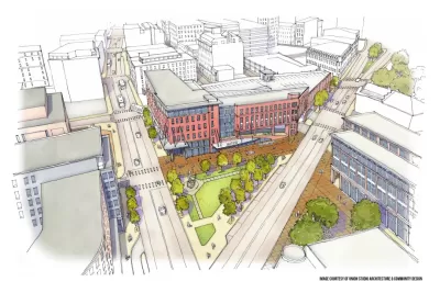 A drawing of a planned bus facility in downtown Providence, Rhode Island.