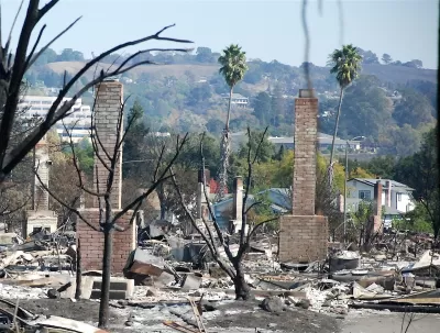 Brick chimneys standing in rubble from Tubbs Fire in Northern California in 2017.