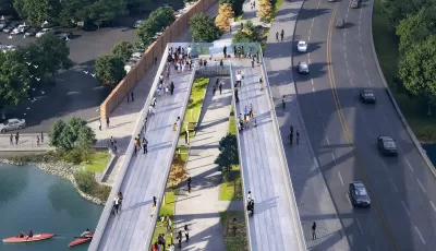 Rendering of 11th Street Bridge Park in Washington, D.C. on old bridge across Anacostia River.