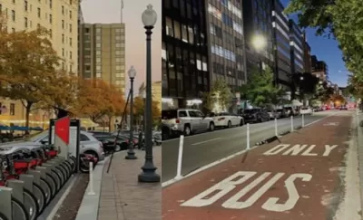 Side-by-side images of a bike share station and a bus-only lane.