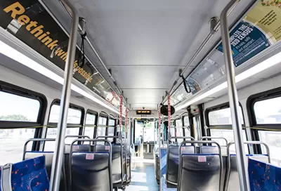 Interior of empty Valley Regional Transit bus in Boise, Idaho.