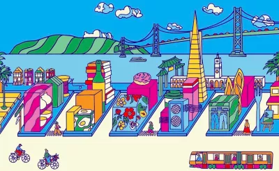 Colorful illustration of San Francisco downtown.