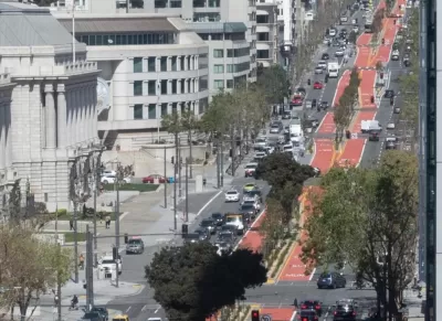 View of Van Ness Avenue, San Francisco, with red bus-only lanes