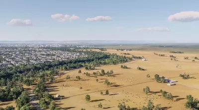 Rendering of aerial view of greenbelt separating farmland and residential area for California Forever development.