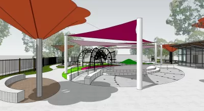 Rendering of pocket park with seating and shade 