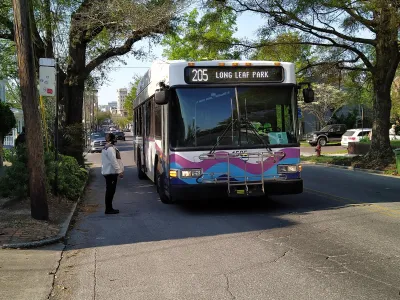 Person waits to board white bus with purple and blue wave graphic across front at a bus stop in Wilmington, Delaware.