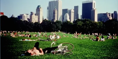Screenshot of Central Park lawn full of people lying down and hanging out on a sunny day from Frederick Wiseman film.