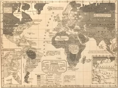 “Moral & Political Chart of the inhabited world:  Exhibiting the Prevailing Religion, form of government, degree of civilization, and Population of each country.” In Woodbridge’s School Atlas, 1831.