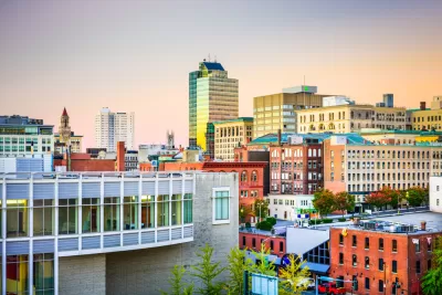 The skyline of downtown Worcester, Massachusetts reveals urban densities and variety of building types.