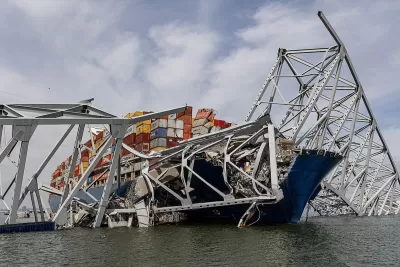Bridge with container ship crashed into it in Baltimore, Maryland.