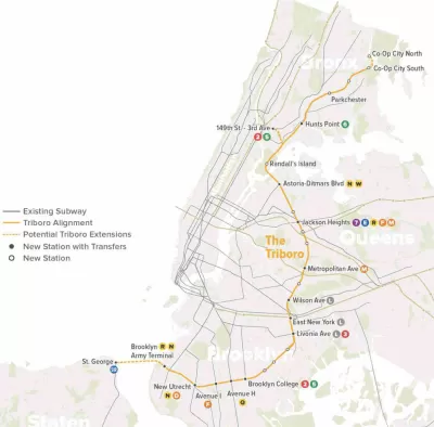 A map of the proposed Triboro Line, which would connect Brooklyn to Queens and the Bronx in New York City.