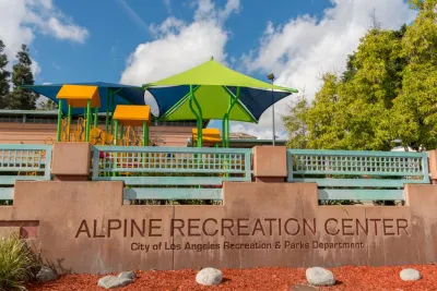 Alpine Recreation Center sign in park in Chinatown, Los Angeles, CA.